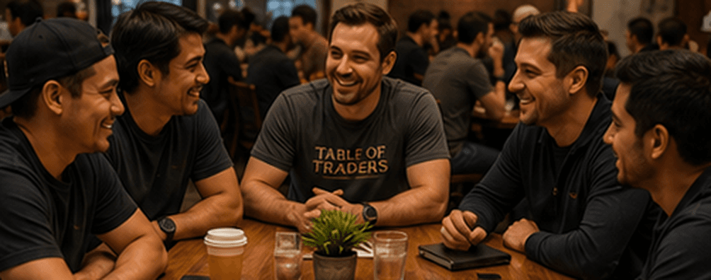 Traders laughing and talking around a table at a Table of Traders meetup